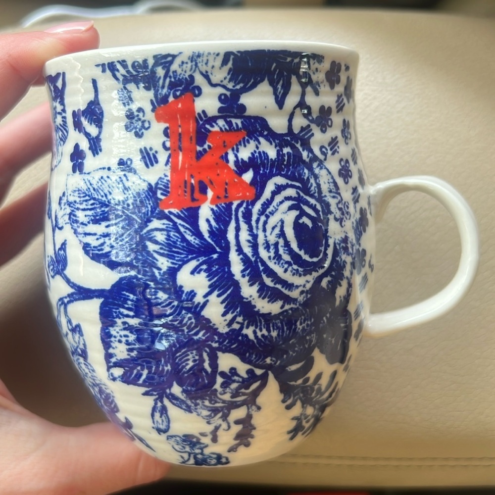 Anthropologie Homegrown Dark Blue Bird Flower Pattern Initial Letter K Mug Cup